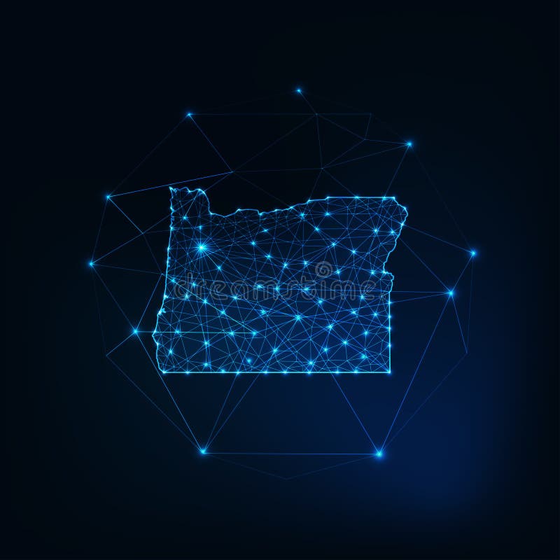 L'oregon états-unis trace les grandes lignes de silhouette rougeoyant fait de lignes formes polygonales d'étoiles de triangles de illustration de vecteur