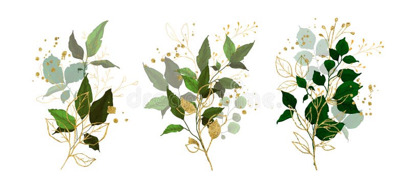 Gold leaves green tropical branch plants wedding bouquet with golden splatters isolated. Floral foliage vector illustration arrangement in watercolor style for wedding invitation card. Gold leaves green tropical branch plants wedding bouquet with golden splatters isolated. Floral foliage vector illustration arrangement in watercolor style for wedding invitation card