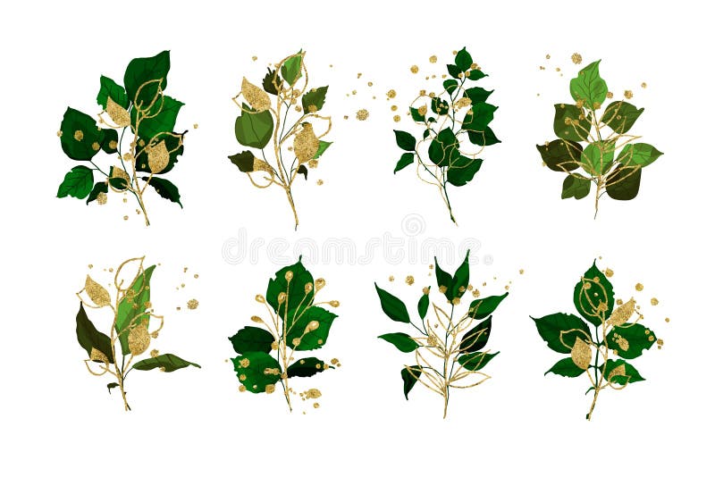 Gold leaves green tropical branch plants wedding bouquet with golden splatters isolated. Floral foliage vector illustration arrangement in watercolor style for wedding invitation card. Gold leaves green tropical branch plants wedding bouquet with golden splatters isolated. Floral foliage vector illustration arrangement in watercolor style for wedding invitation card