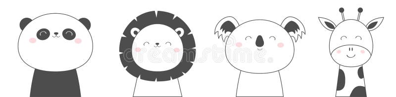 L'orso di panda della koala Lion Giraffe affronta la linea capa insieme di schizzo dell'icona Animale di Kawaii Personaggio dei c illustrazione di stock