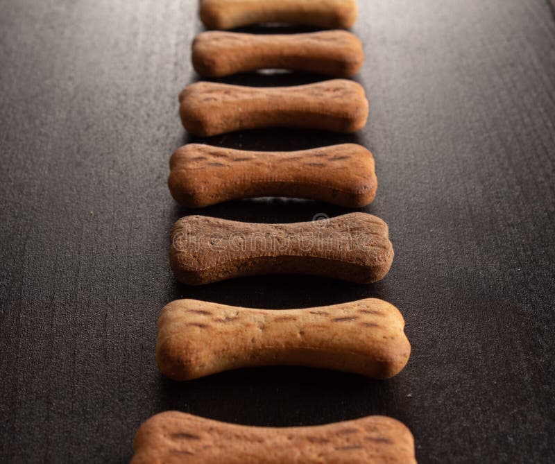 L'os a formé des biscuits ou des festins de chien, sur le fond en bois foncé photo stock L'os a formé des biscuits ou des festins de chien, sur le fond en bois foncé photo stock