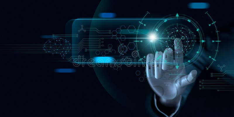 L?ra f?r maskin Hand av roboten som trycker p? p? bin?ra data r arkivbild L?ra f?r maskin Hand av roboten som trycker p? p? bin?ra data r arkivbild