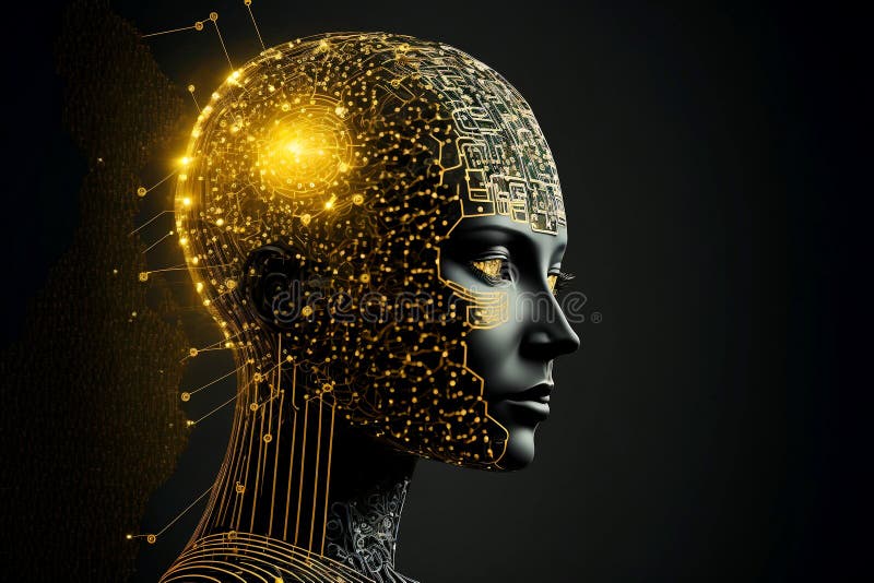 L'umanoide cibernetico con una rete neurale e decorazioni di circuito fibra ottica ad alta velocità e aii che elaborano grandi dat illustrazione di stock