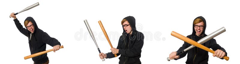 L'uomo aggressivo con la mazza da baseball isolata su bianco fotografia stock libera da diritti L'uomo aggressivo con la mazza da baseball isolata su bianco fotografia stock libera da diritti