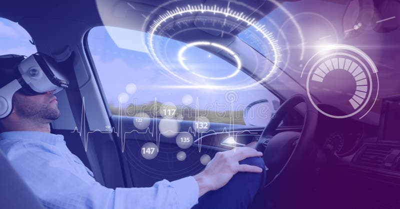 L'uomo che guida in automobile con dirige l'interfaccia dell'esposizione e la cuffia avricolare di realtà virtuale
