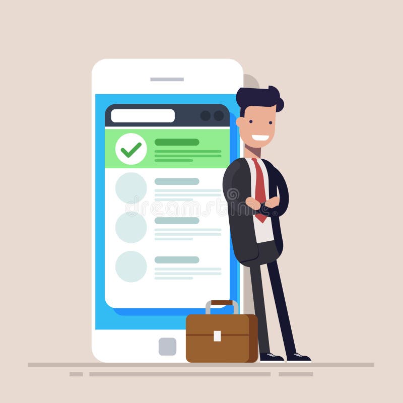 L'uomo d'affari o il responsabile felice sta stando vicino ad un telefono cellulare con una lista sullo schermo Illustrazione pia illustrazione vettoriale L'uomo d'affari o il responsabile felice sta stando vicino ad un telefono cellulare con una lista sullo schermo Illustrazione pia illustrazione vettoriale