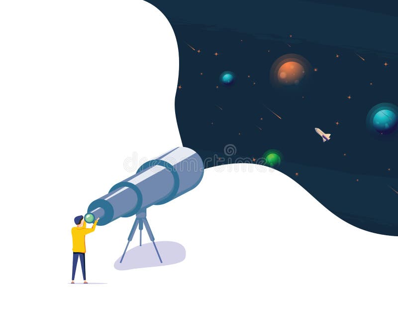 L'uomo guarda il cielo stellato notturno attraverso il telescopio Hobby Astronomico Della Scienza, Illustrazione Isolata Guy che