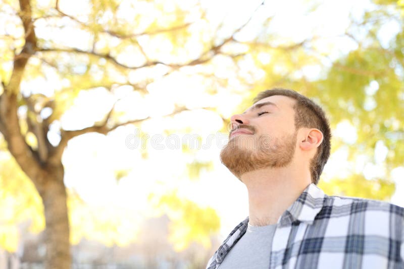 L'uomo rilassato sta respirando l'aria fresca in un parco