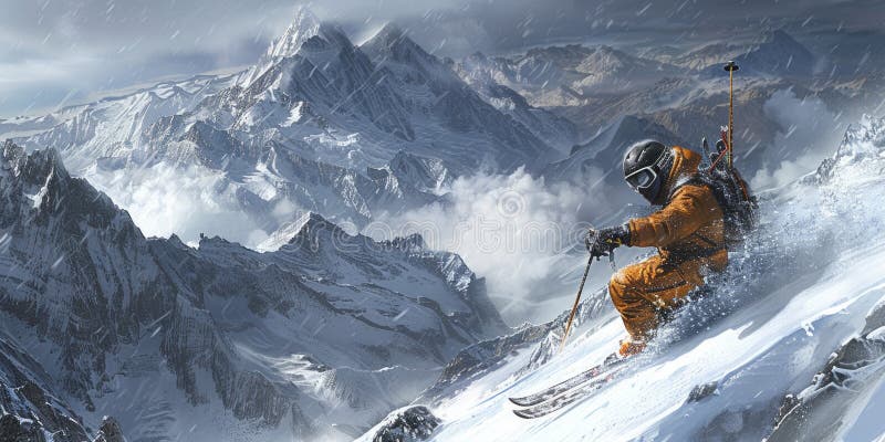 L'uomo scivola con grazia su una montagna coperta di neve su scie circondata da picchi da torsione e da una coperta incontaminata immagini stock