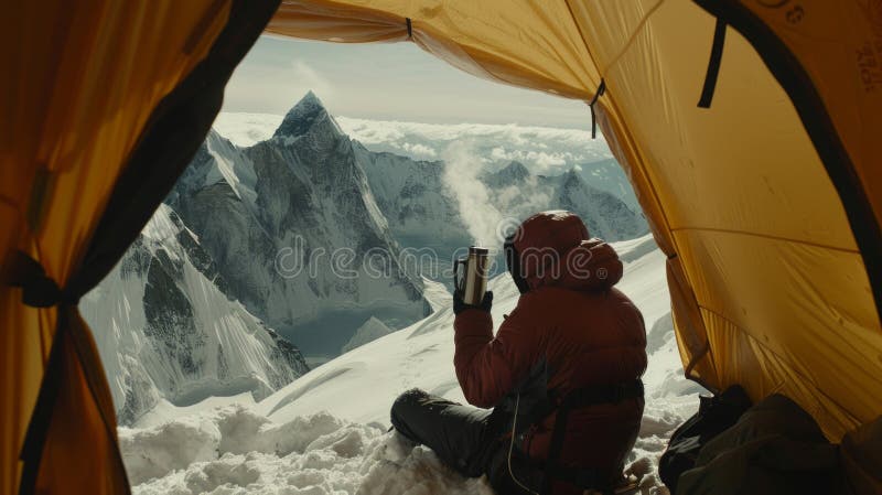 L'uomo siede in una tenda accogliente sopra una montagna coperta di neve assaporando una tazza di caffè calda circondata da serene fotografia stock libera da diritti