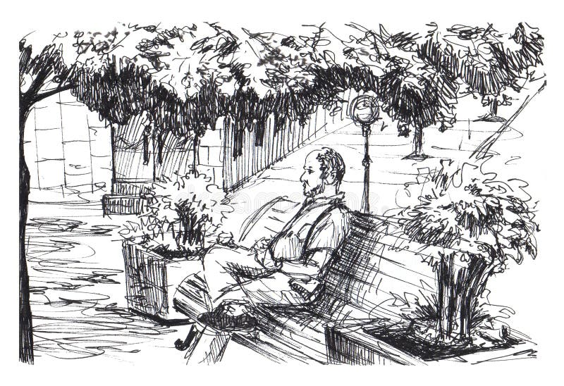 L'uomo sta sedendosi sul banco in parco L'uomo sta riposando sul banco in piccola città europea Nel vecchio albero vicino alla re