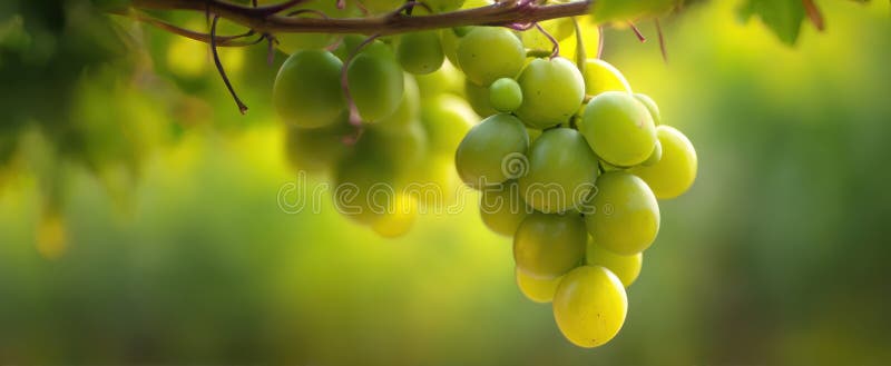 L'uva verde di Lush che proviene da una vite in un'immagine generata da una Vineyard SunlitAI fotografia stock libera da diritti