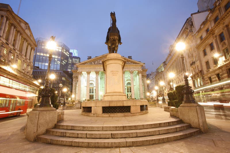 The Royal Stock Exchange, City of London, UK, at night. The Royal Stock Exchange, City of London, UK, at night