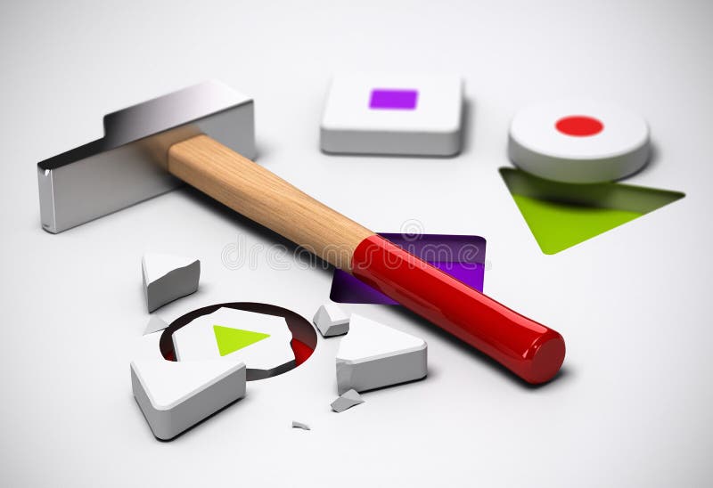 Three different shapes the triangle one is broken inside the cylindrical shape. there is also a hammer. 3D render with depth of field effect. Three different shapes the triangle one is broken inside the cylindrical shape. there is also a hammer. 3D render with depth of field effect