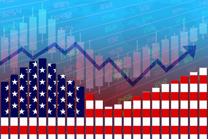 United States flag on bar chart concept of economic recovery with stock market down and up. Concept of business improving after crisis such as Covid-19 or other catastrophe as economy and businesses reopen again. United States flag on bar chart concept of economic recovery with stock market down and up. Concept of business improving after crisis such as Covid-19 or other catastrophe as economy and businesses reopen again