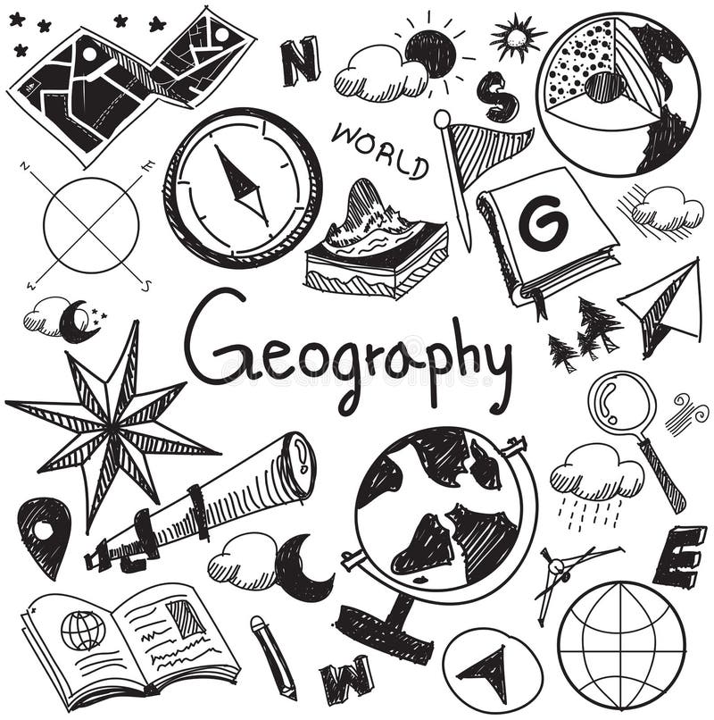 L'écriture de sujet d'éducation de géographie et de géologie gribouillent l'icône illustration stock L'écriture de sujet d'éducation de géographie et de géologie gribouillent l'icône illustration stock