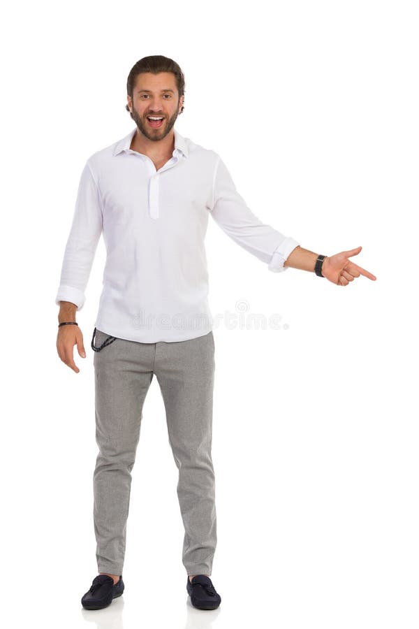 L homme Dans Son Pantalon Gris Et La Chemise Blanche Est Retenue Et Montrant Le Pouce. Vue Arriere Image stock Image du contenu chemise 183434409