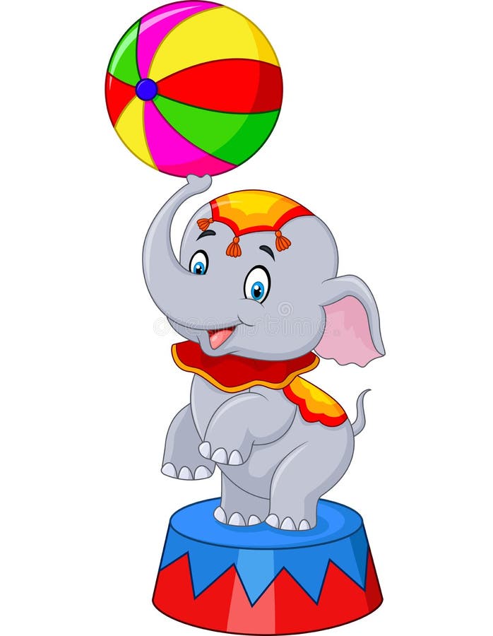 Illustration of Circus elephant with a striped ball stands on a podium isolated on white background. Illustration of Circus elephant with a striped ball stands on a podium isolated on white background