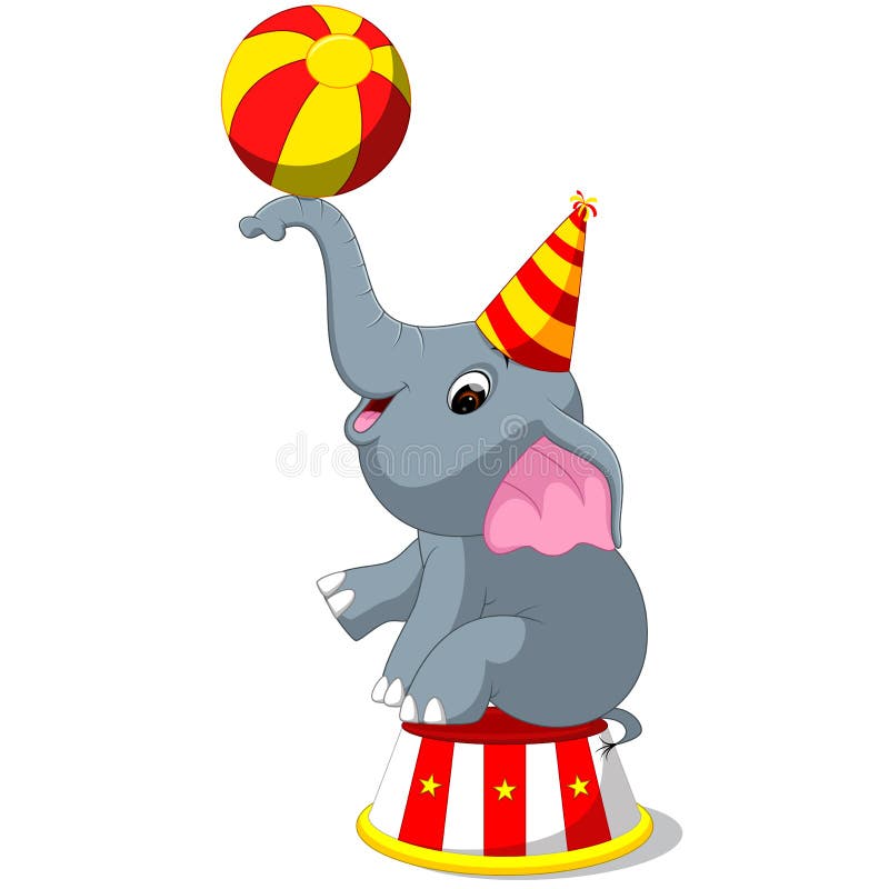 Illustration of Cute Circus elephant with a striped ball stands on a podium. Illustration of Cute Circus elephant with a striped ball stands on a podium