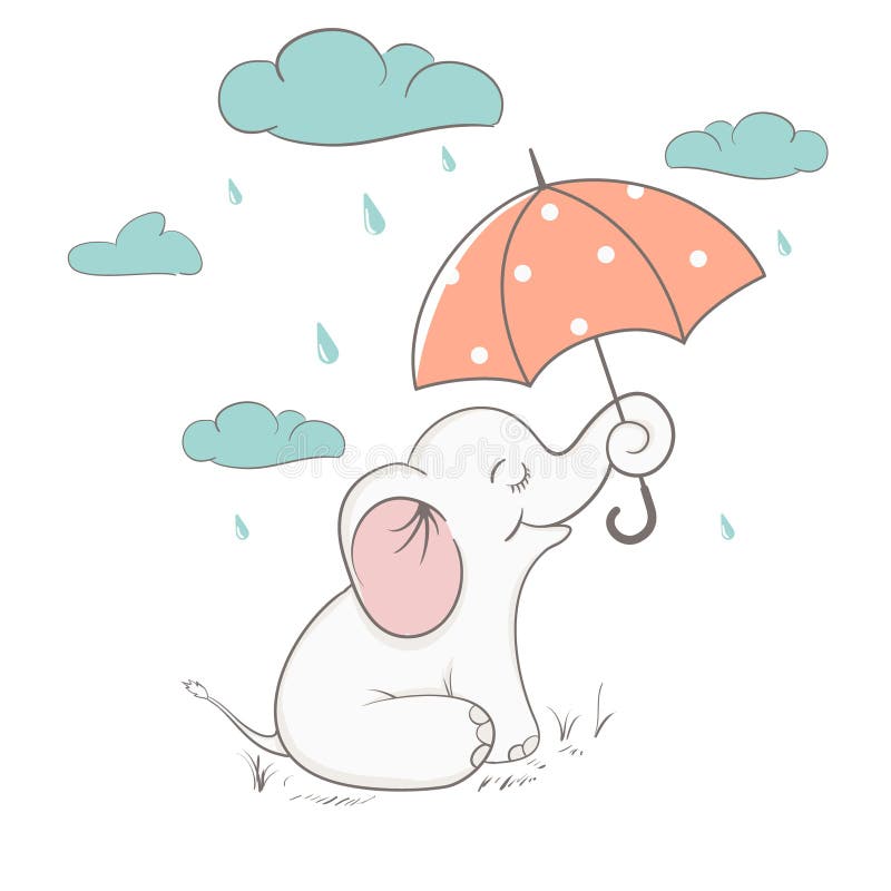 Cute elephant holds an umbrella,hiding from the rain.Childish vector illustration. Cute elephant holds an umbrella,hiding from the rain.Childish vector illustration