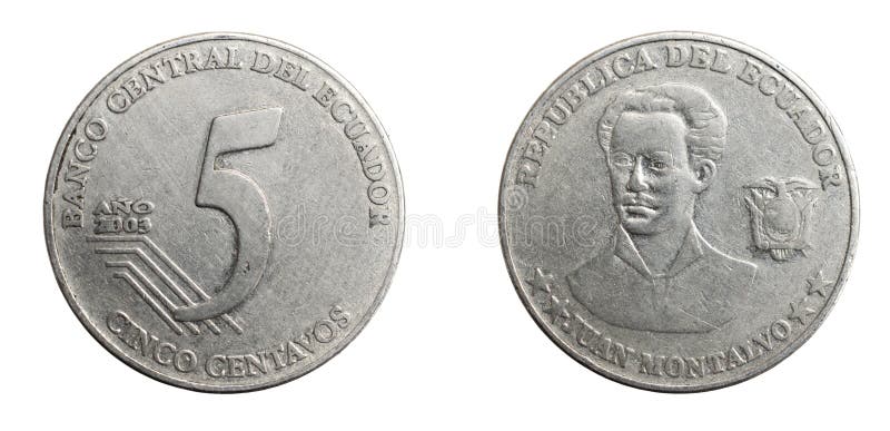 Ecuador five centavos coin on a white isolated background. Ecuador five centavos coin on a white isolated background.