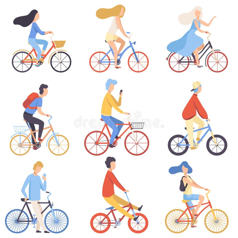 L'équitation de personnes va à vélo les hommes réglés et faisants un cycle et les femmes exerçant, détendant ou allant travailler illustration stock L'équitation de personnes va à vélo les hommes réglés et faisants un cycle et les femmes exerçant, détendant ou allant travailler illustration stock
