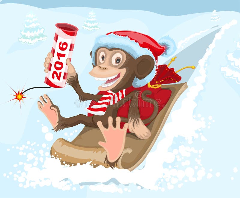 L'équitation de singe de Noël sur un traîneau et garde le pétard 2016 illustration stock L'équitation de singe de Noël sur un traîneau et garde le pétard 2016 illustration stock