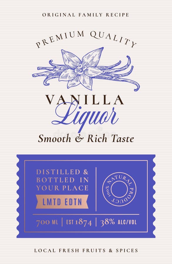 Family Recipe Vanilla Spice Liquor Acohol Label. Abstract Vector Packaging Design Layout. Modern Typography Banner with Hand Drawn Vanilla Flower Silhouette Logo and Background. Isolated. Family Recipe Vanilla Spice Liquor Acohol Label. Abstract Vector Packaging Design Layout. Modern Typography Banner with Hand Drawn Vanilla Flower Silhouette Logo and Background. Isolated.