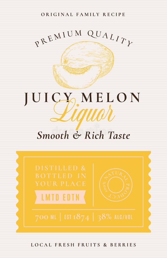 Family Recipe Melon Liquor Acohol Label. Abstract Vector Packaging Design Layout. Modern Typography Banner with Hand Drawn Whole Melon and Slice Silhouette Logo and Background. Isolated. Family Recipe Melon Liquor Acohol Label. Abstract Vector Packaging Design Layout. Modern Typography Banner with Hand Drawn Whole Melon and Slice Silhouette Logo and Background. Isolated.