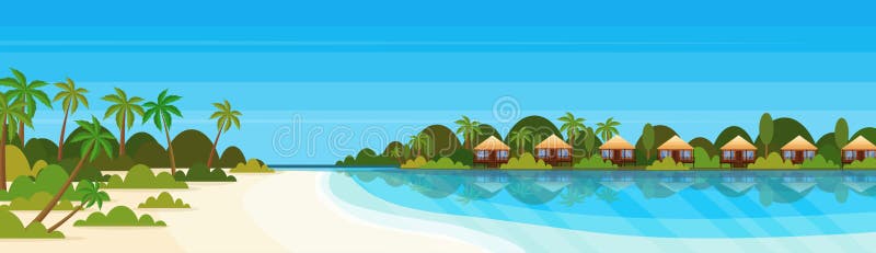 L'île tropicale avec l'hôtel de pavillon de villas sur des paumes de vert de bord de la mer de plage aménagent le concept en parc illustration de vecteur L'île tropicale avec l'hôtel de pavillon de villas sur des paumes de vert de bord de la mer de plage aménagent le concept en parc illustration de vecteur