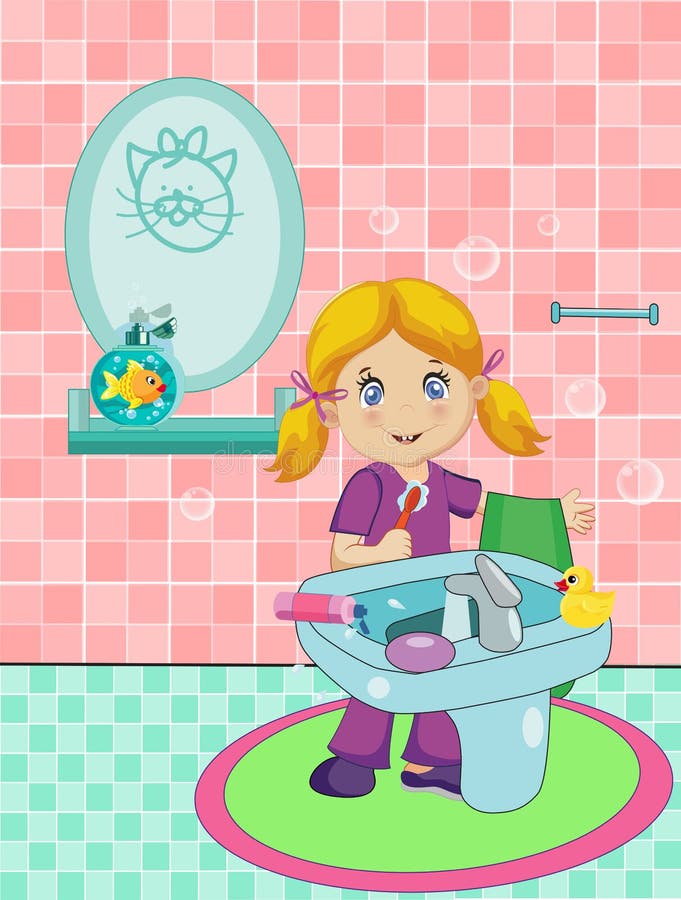 La bambina bionda sveglia si è vestita in pigiami che puliscono i denti illustrazione vettoriale La bambina bionda sveglia si è vestita in pigiami che puliscono i denti illustrazione vettoriale