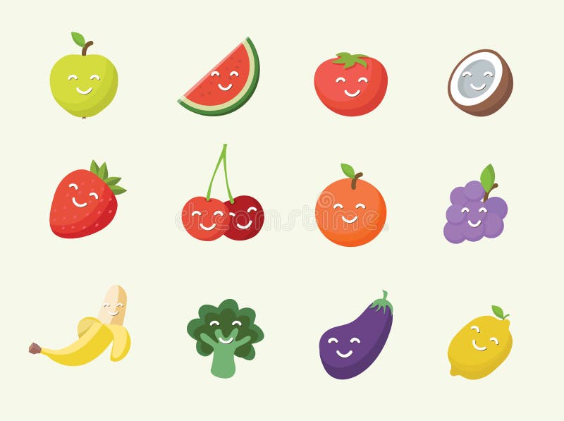 La bande dessinée de sourire heureuse porte des fruits icône illustration de vecteur La bande dessinée de sourire heureuse porte des fruits icône illustration de vecteur