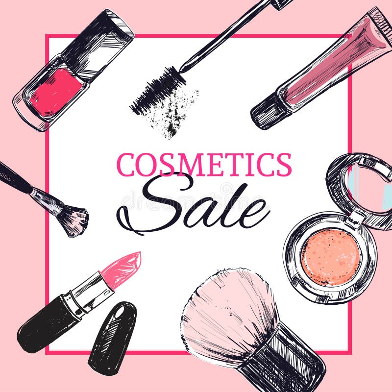 La bandera de la tienda de la belleza con compone y los objetos de los cosméticos ilustración del vector La bandera de la tienda de la belleza con compone y los objetos de los cosméticos ilustración del vector
