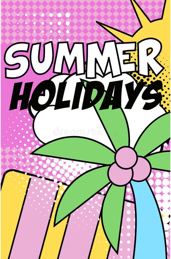 La bandera de las vacaciones de verano, cartel retro brillante del estilo del arte pop con los elementos florales de la naturalez ilustración del vector La bandera de las vacaciones de verano, cartel retro brillante del estilo del arte pop con los elementos florales de la naturalez ilustración del vector