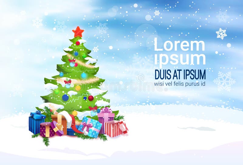 La bandera de la Navidad con el espacio de la copia adornó el árbol de abeto con los presentes en fondo ilustración del vector La bandera de la Navidad con el espacio de la copia adornó el árbol de abeto con los presentes en fondo ilustración del vector
