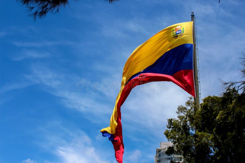 La bandera de Venezuela que agitaba en el viento, cielo azul despejó imagenes de archivo La bandera de Venezuela que agitaba en el viento, cielo azul despejó imagenes de archivo