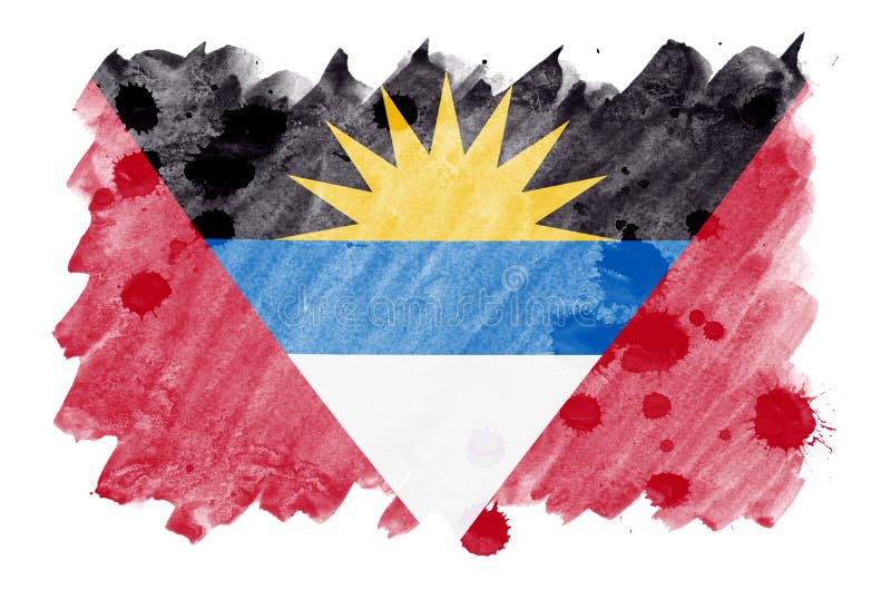 La bandiera dell'Antigua e Barbuda è descritta nello stile liquido dell'acquerello su fondo bianco royalty illustrazione gratis La bandiera dell'Antigua e Barbuda è descritta nello stile liquido dell'acquerello su fondo bianco royalty illustrazione gratis