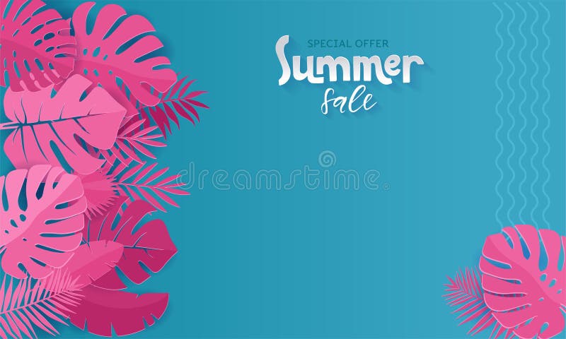 La bannière horizontale de vente d'été avec le papier a coupé les feuilles tropicales roses sur le fond bleu Conception florale e illustration stock La bannière horizontale de vente d'été avec le papier a coupé les feuilles tropicales roses sur le fond bleu Conception florale e illustration stock