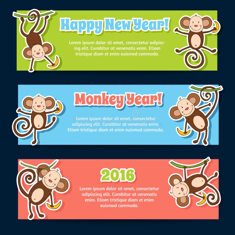 La bannière a placé pendant la nouvelle année 2016 avec les singes mignons illustration stock La bannière a placé pendant la nouvelle année 2016 avec les singes mignons illustration stock