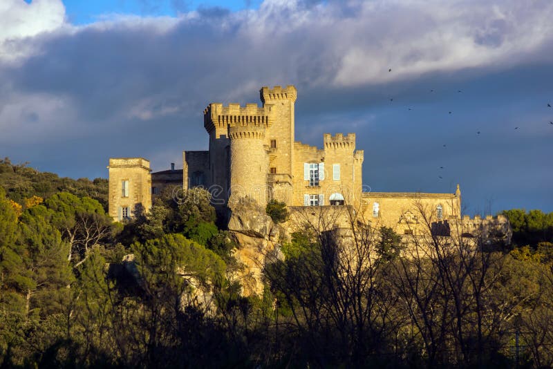 La Barben medieval castle on sunset