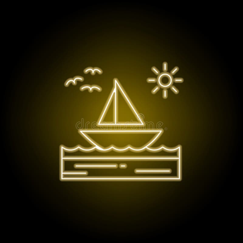 La barca, mare, soleggiato, barca a vela, uccelli allinea l'icona nello stile al neon giallo Elemento dell'illustrazione dei paes illustrazione di stock La barca, mare, soleggiato, barca a vela, uccelli allinea l'icona nello stile al neon giallo Elemento dell'illustrazione dei paes illustrazione di stock