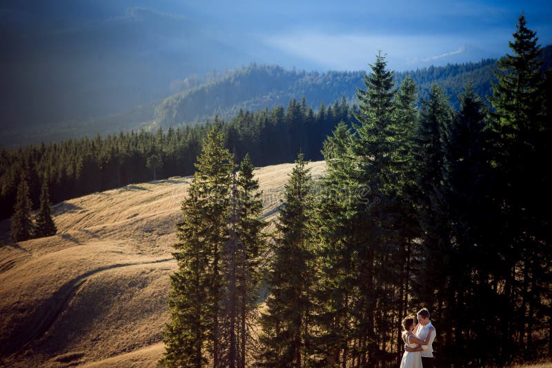 La bella coppia di nozze abbraccia morbidamente Paesaggio stupefacente della montagna su fondo fotografia stock libera da diritti La bella coppia di nozze abbraccia morbidamente Paesaggio stupefacente della montagna su fondo fotografia stock libera da diritti