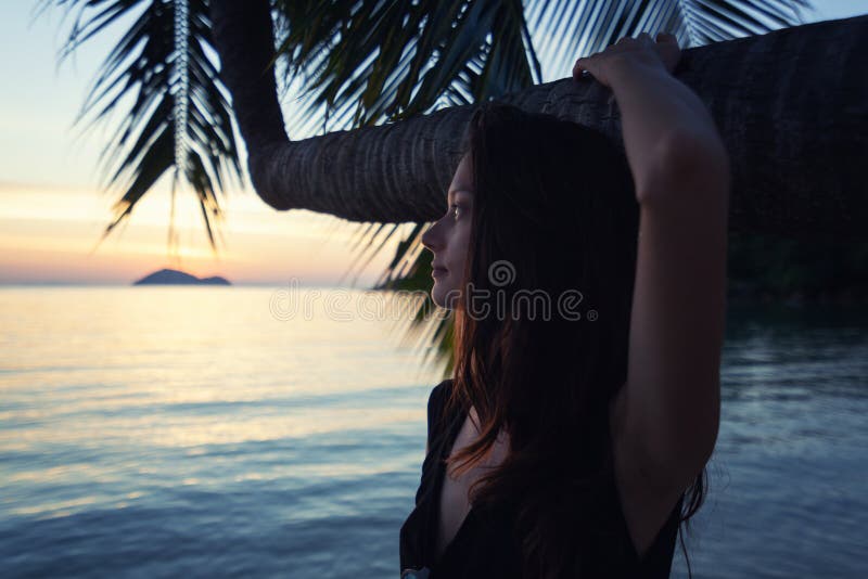 La bella giovane donna sta appoggiantesi una palma dal mare, contro il contesto di un tramonto variopinto fotografia stock libera da diritti La bella giovane donna sta appoggiantesi una palma dal mare, contro il contesto di un tramonto variopinto fotografia stock libera da diritti