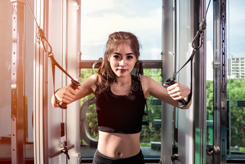La belle femme d'ajustement établit avec la machine dans le gymnase images stock La belle femme d'ajustement établit avec la machine dans le gymnase images stock