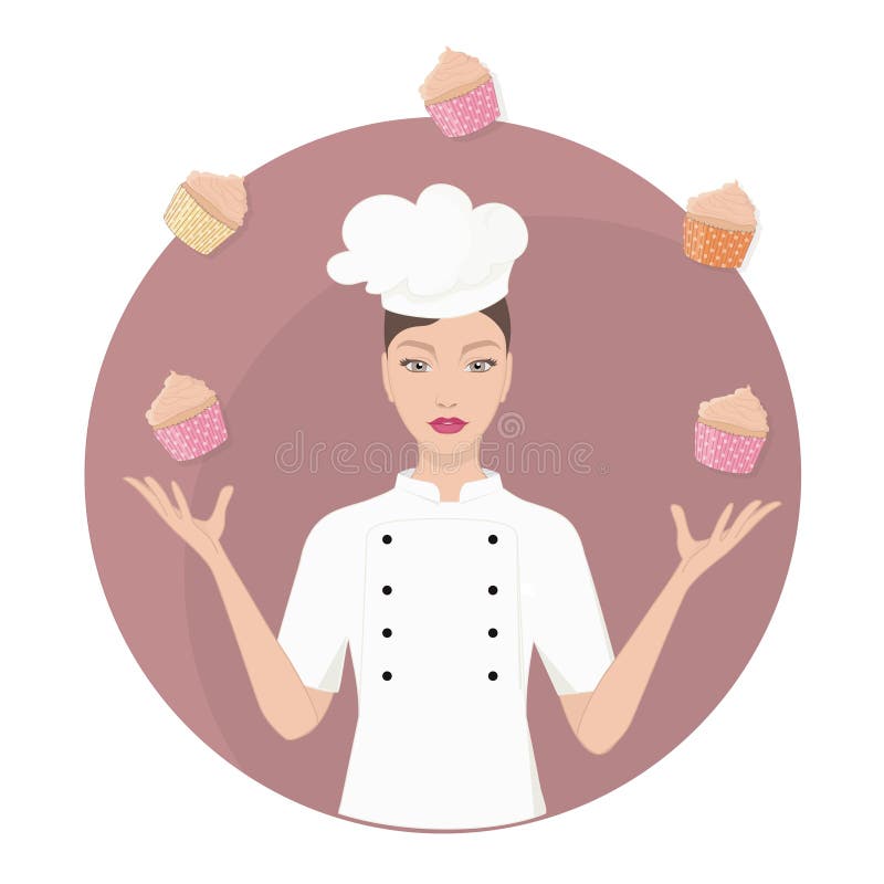 La belle femme de chef principal jongle avec des petits gâteaux illustration stock La belle femme de chef principal jongle avec des petits gâteaux illustration stock
