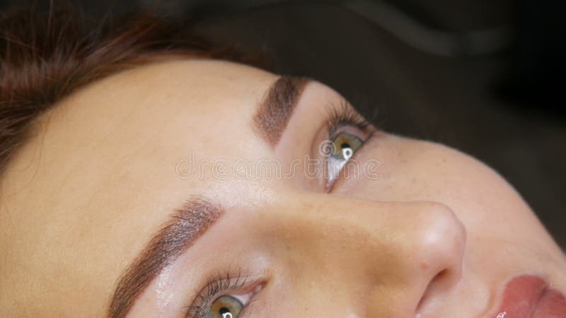 La belle jeune femme avec le maquillage permanent de la lèvre et le tatouage microblading de sourcil se retrouve avec un salon de banque de vidéos