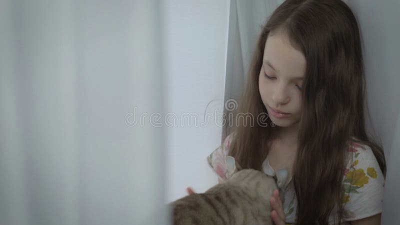 La belle petite fille communique doucement avec votre chat aimé à la fenêtre