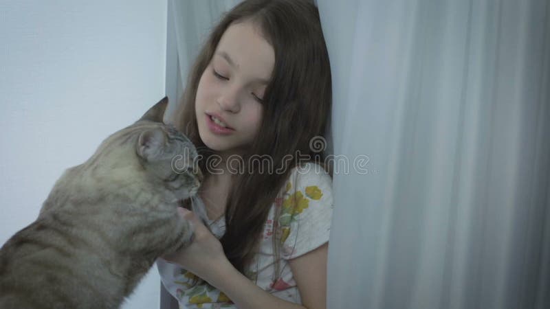 La belle petite fille communique doucement avec votre chat aimé à la fenêtre