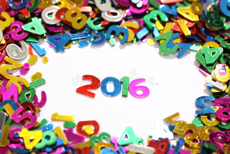 Happy new year 2016 from sparkles colorful glitters numbers on white background and around other numbers - horizontal. Happy new year 2016 from sparkles colorful glitters numbers on white background and around other numbers - horizontal