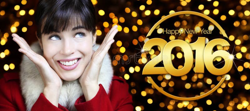 Happy new year 2016 golden text, woman looks up on lights glitter background. Happy new year 2016 golden text, woman looks up on lights glitter background